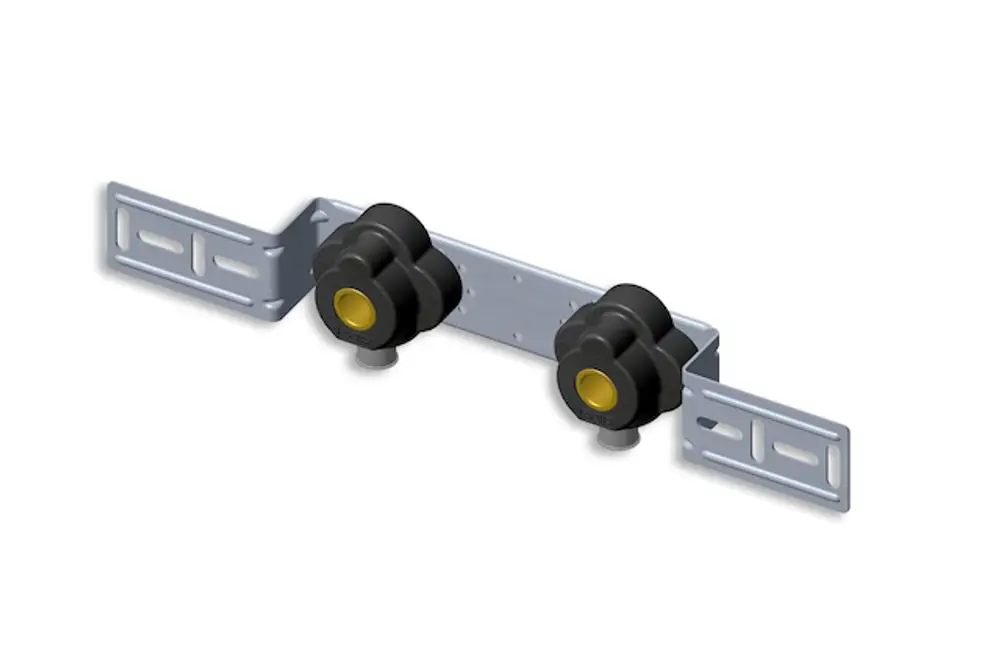 Wandscheibenset mit zwei schwarzen Befestigungselementen und einer Metallhalterung, hergestellt von Roth. Ideal für die Montage an Wänden.